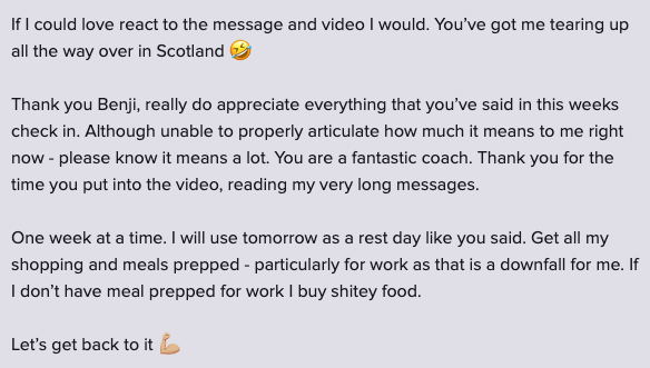 Lauren's original message about Ben reading her update and recording personal video feedback