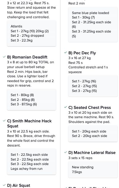 Original TrueCoach exercise prescriptions beside logged sets, weights and repetitions
